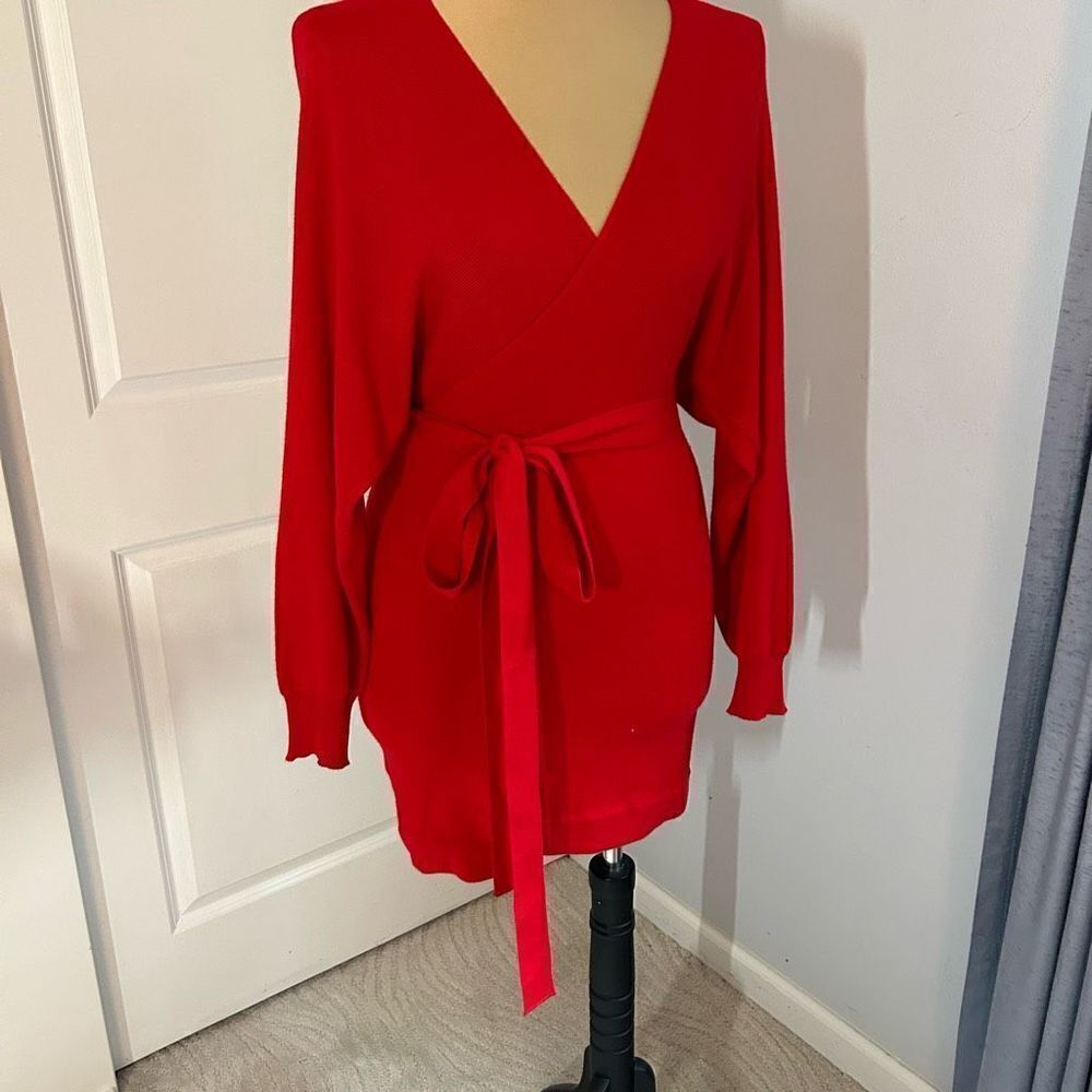 Women’s Red Long Sleeve Mini Wrap Dress - Picture 7 of 8
